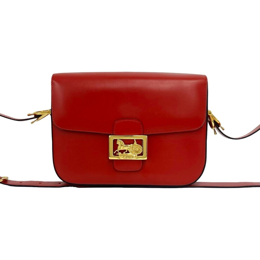 CELINE Vintage Logo Carriage Hardware Calf Leather Genuine Shoulder Bag Poche...